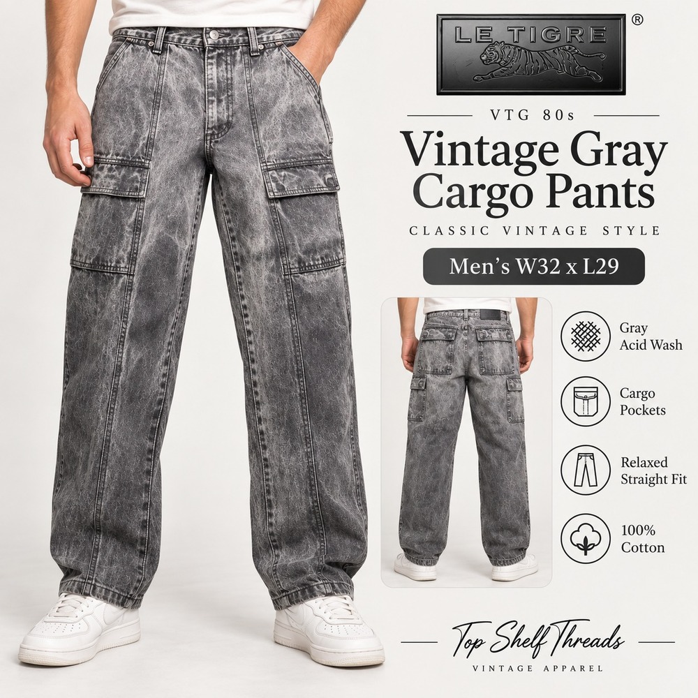 Y2K Le Tigre Cargo Jeans Men W34 L32 Gray Acid Wash Baggy Wide Leg Skater Denim